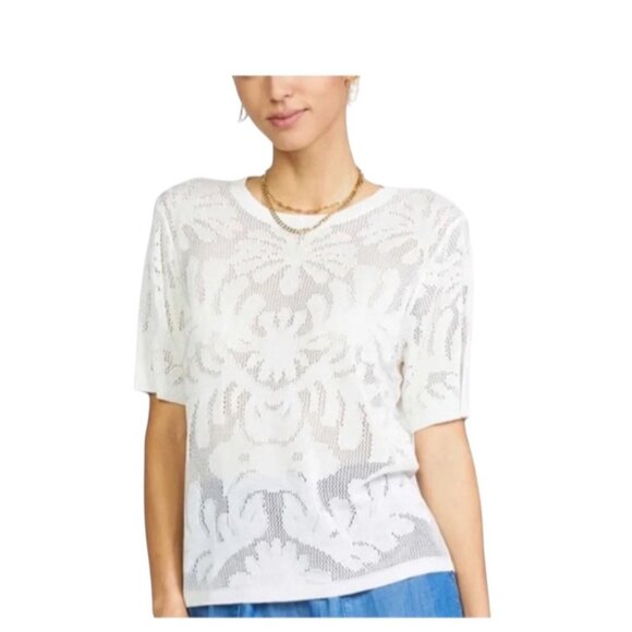 Banana Republic Lace Short Sleeve Blouse White Size 10 Cottagecore Boho Summer - Picture 1 of 11